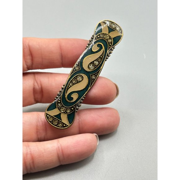 Vtg Pierre Bex Style Pin Brooch Art Deco Inspired Black Gold Tone w Rhinestones - Picture 5 of 7